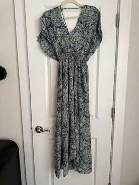 Maje Blue, Cream and Black Floral-Print V-Neck Midi Dress